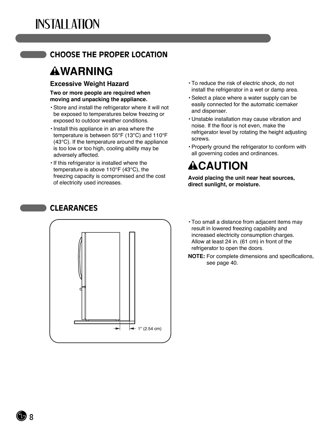 LG Electronics LFX21971**, LFX25971** manual Choose the Proper Location, Clearances, Excessive Weight Hazard 