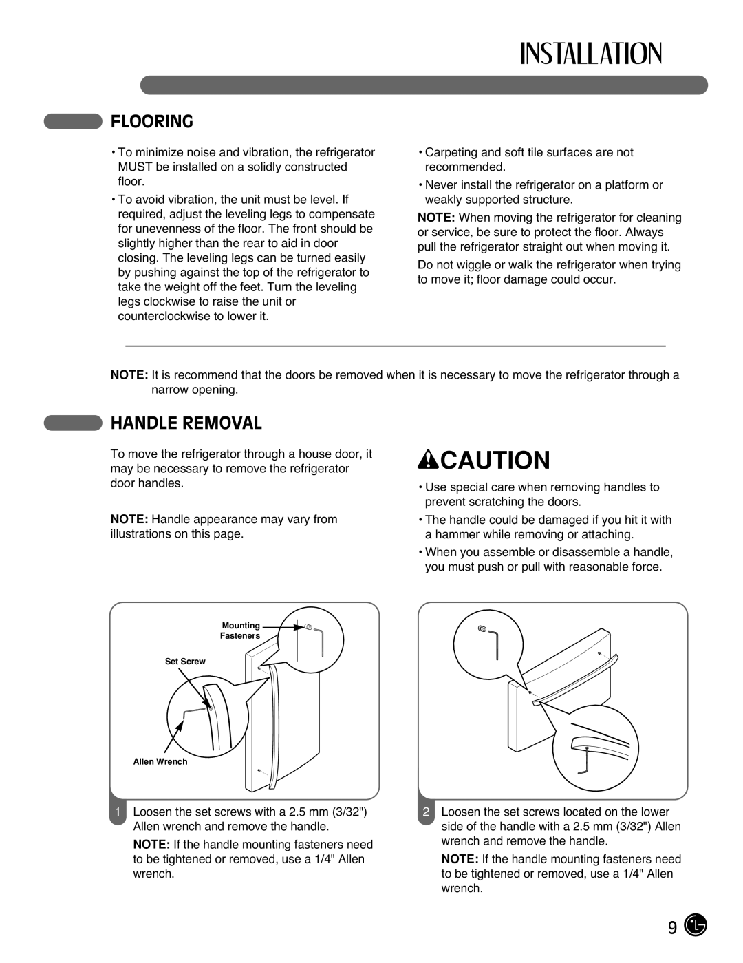 LG Electronics LFX25971**, LFX21971** manual Flooring, Handle Removal 