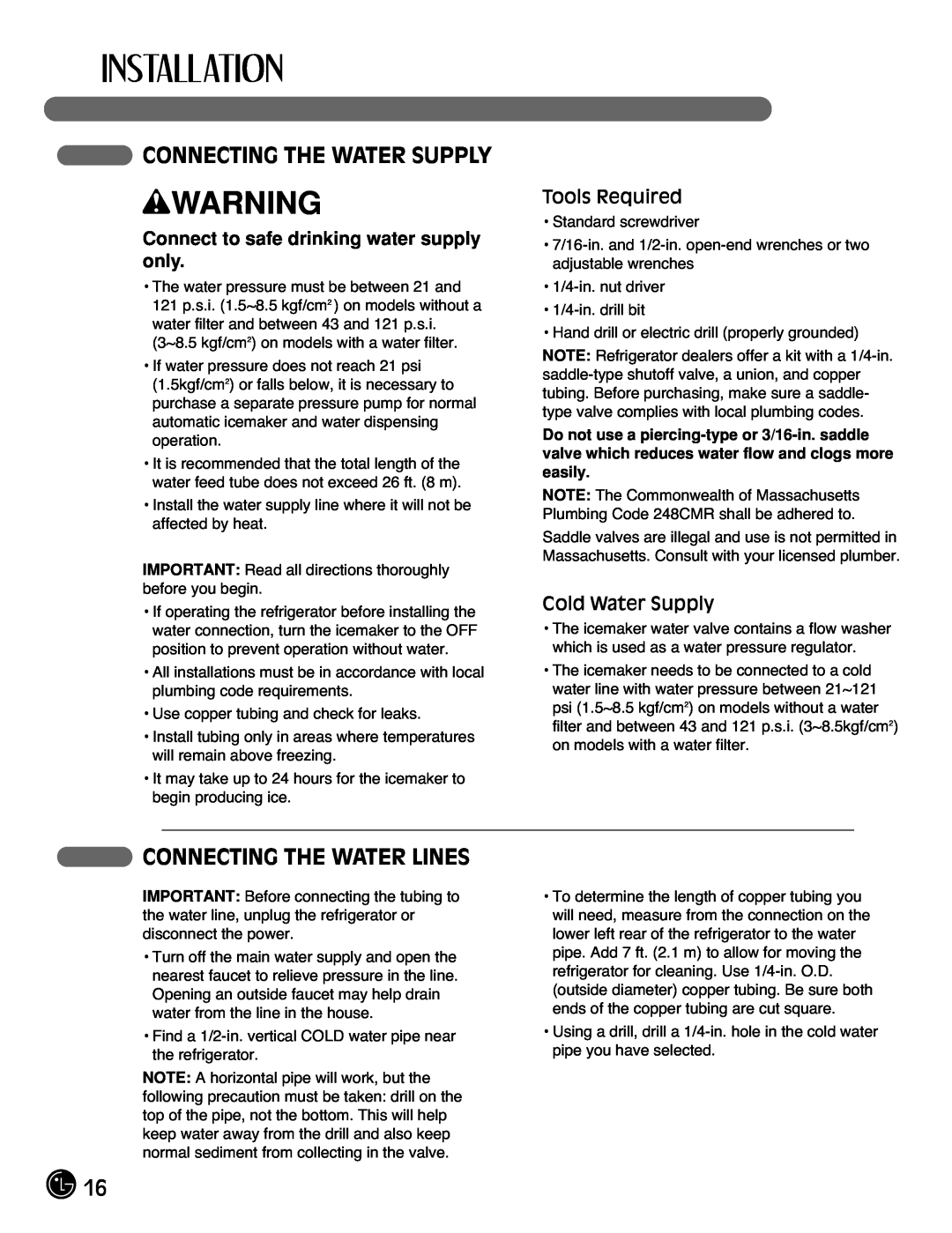 LG Electronics LFX21971** manual Connecting The Water Supply, Connecting The Water Lines, Tools Required, Cold Water Supply 