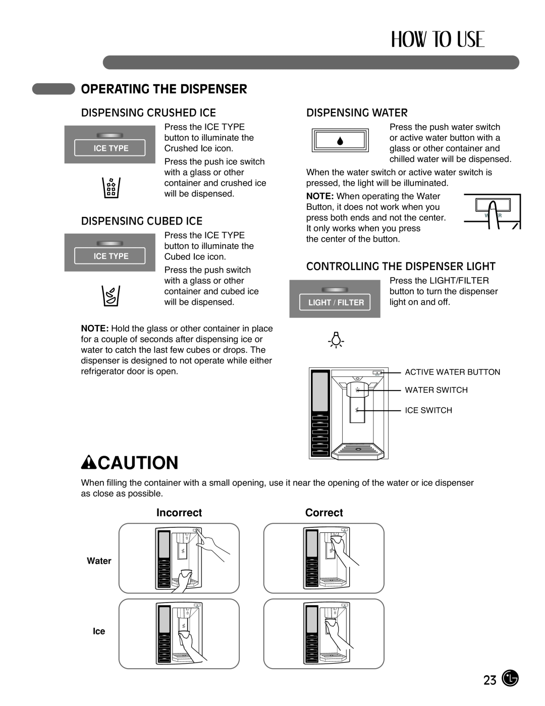 LG Electronics LFX25971** manual Operating The Dispenser, Dispensing Crushed Ice, Dispensing Cubed Ice, Dispensing Water 