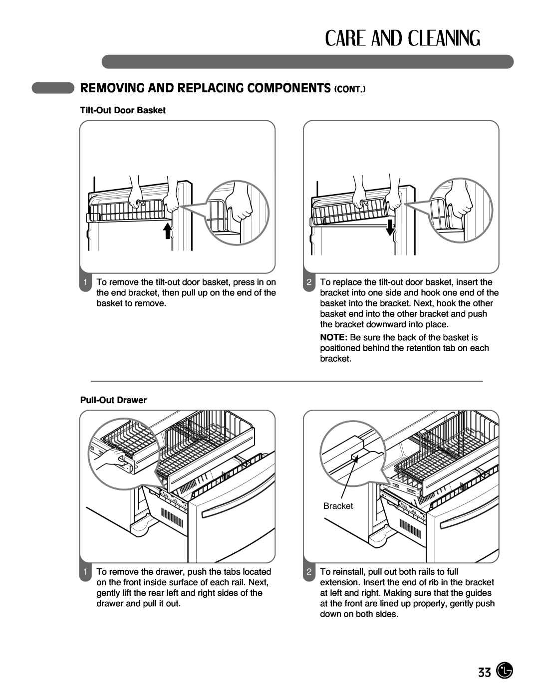 LG Electronics LFX25971**, LFX21971** manual Removing And Replacing Components Cont, Tilt-Out Door Basket, Pull-Out Drawer 