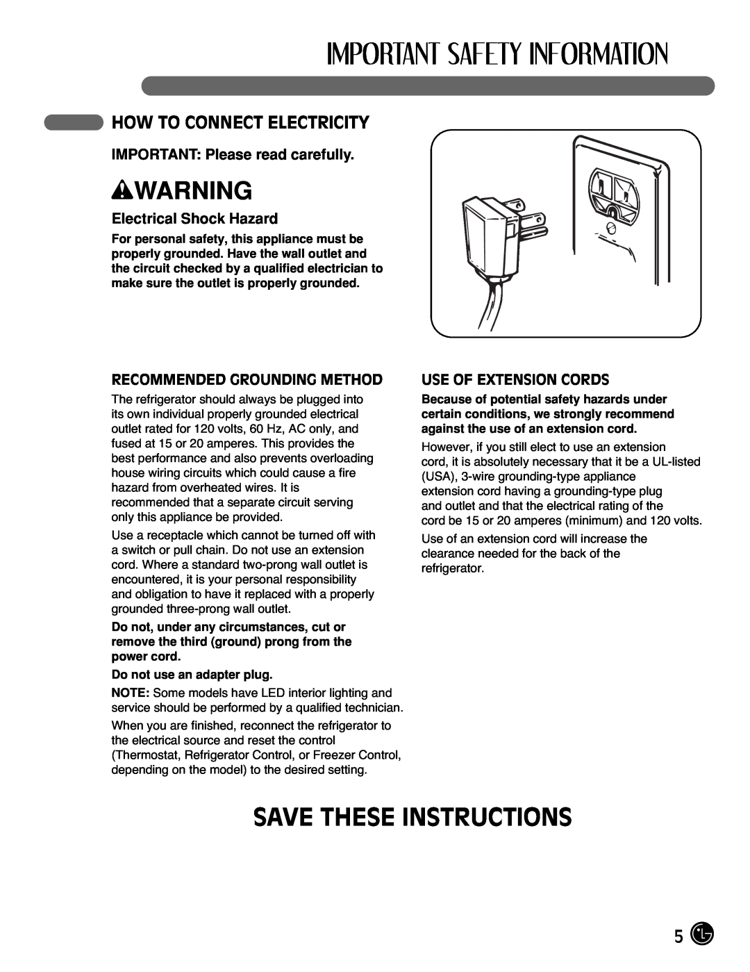 LG Electronics LFX25971** How To Connect Electricity, IMPORTANT Please read carefully, Electrical Shock Hazard, wWARNING 