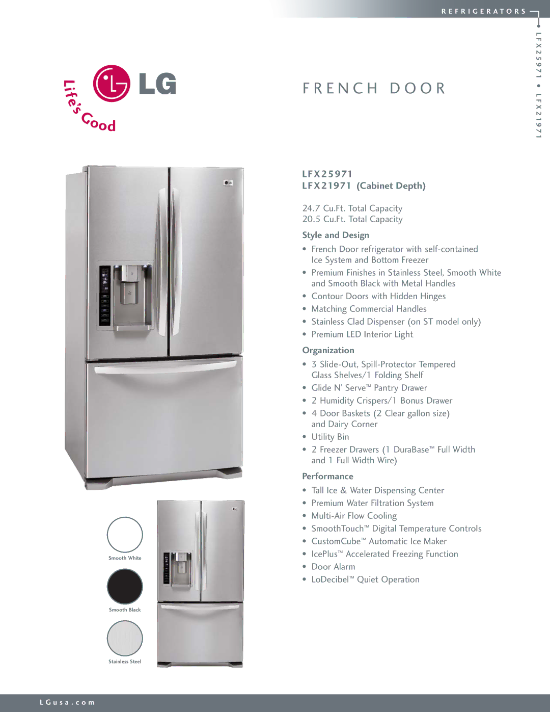 LG Electronics LFX21971 manual X 21971 Cabinet Depth, Style and Design, Organization, Performance 