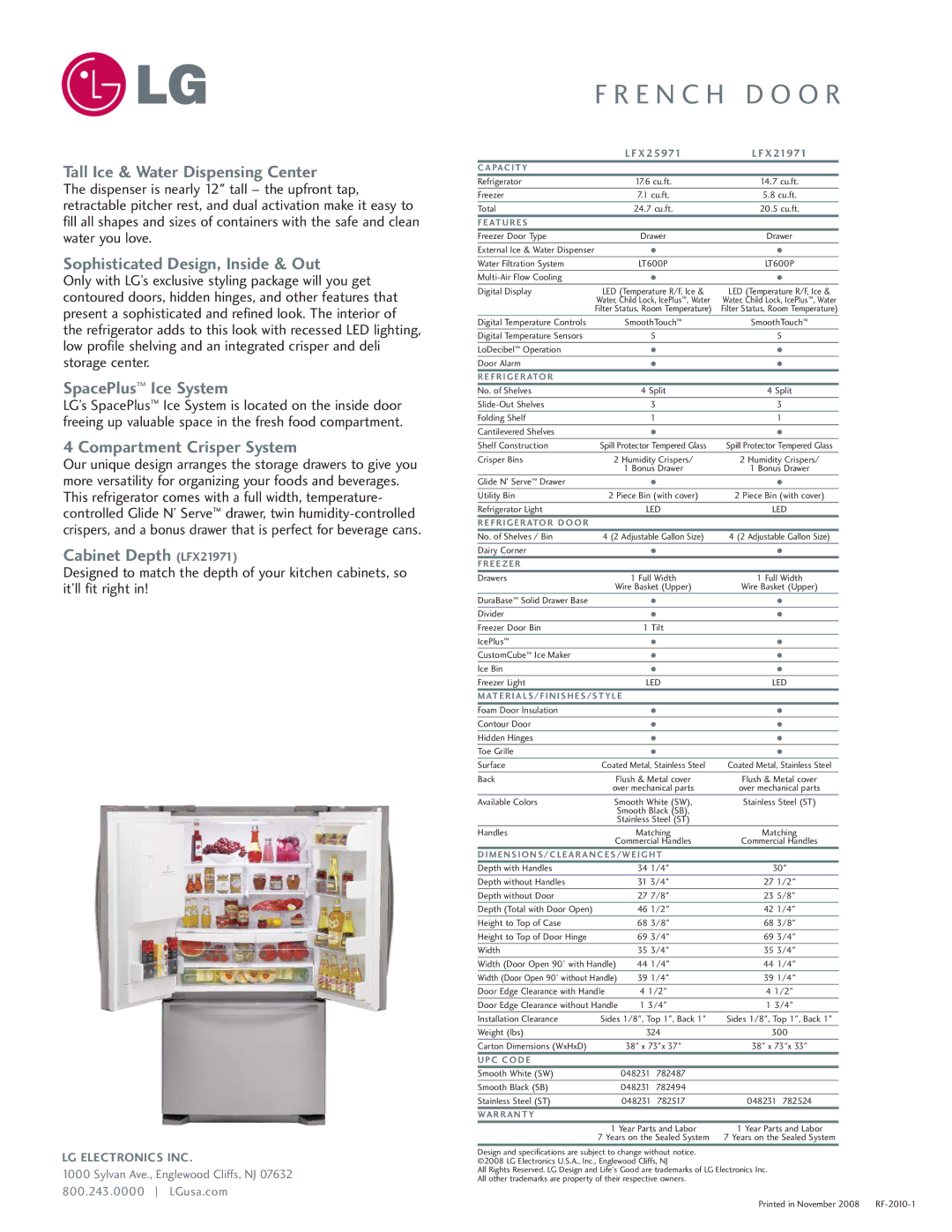 LG Electronics LFX21971 manual Tall Ice & Water Dispensing Center, Sophisticated Design, Inside & Out, SpacePlus Ice System 