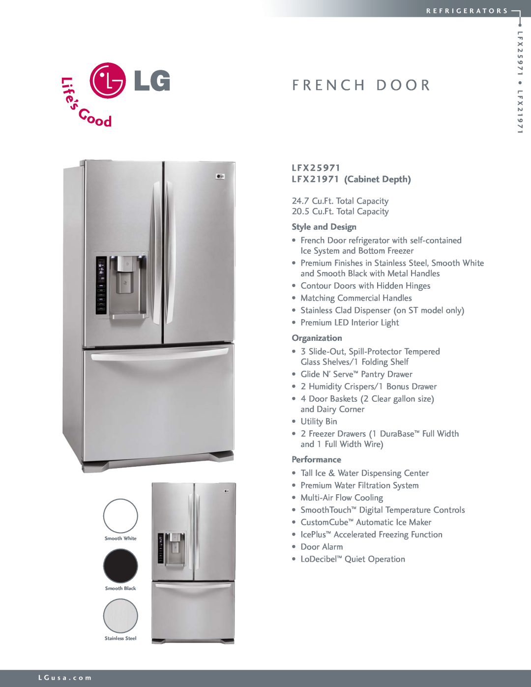 LG Electronics LFX21971 manual L F X L F X 21971 Cabinet Depth, F R E N C H D O O R, Style and Design, Organization 