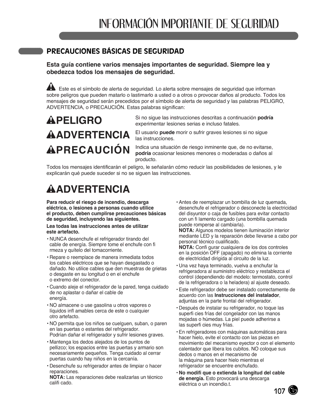 LG Electronics LFX21976ST owner manual Wpeligro Wadvertencia Wprecaución, Precauciones Básicas DE Seguridad 