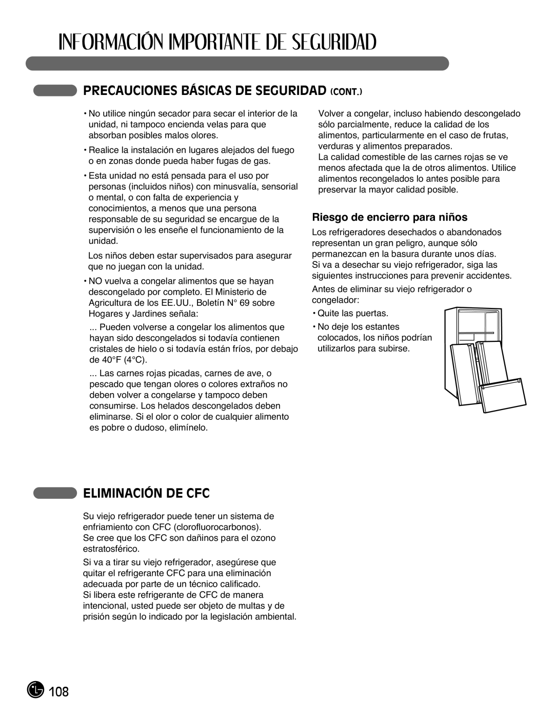 LG Electronics LFX21976ST owner manual Eliminación DE CFC, Riesgo de encierro para niños 