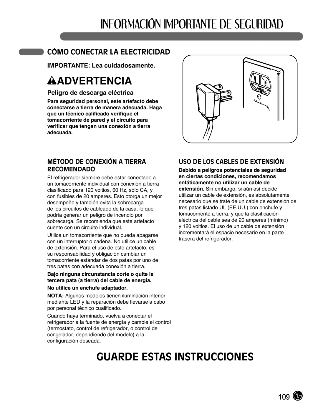 LG Electronics LFX21976ST Cómo Conectar LA Electricidad, Importante Lea cuidadosamente, Peligro de descarga eléctrica 