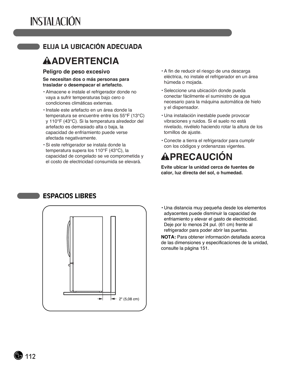 LG Electronics LFX21976ST owner manual Elija LA Ubicación Adecuada, Espacios Libres, Peligro de peso excesivo 