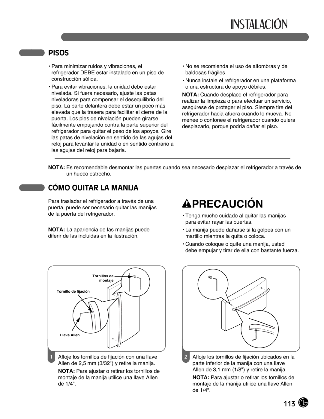 LG Electronics LFX21976ST owner manual Pisos, Cómo Quitar LA Manija 