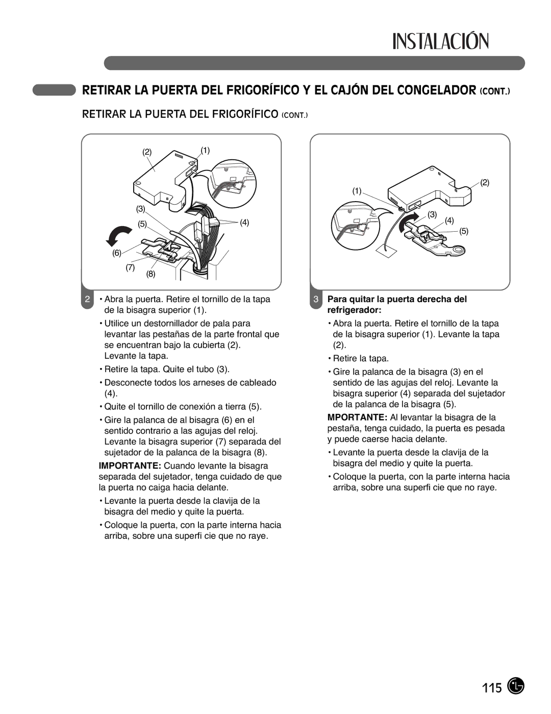 LG Electronics LFX21976ST owner manual Retirar LA Puerta DEL Frigorífico Y EL Cajón DEL Congelador 