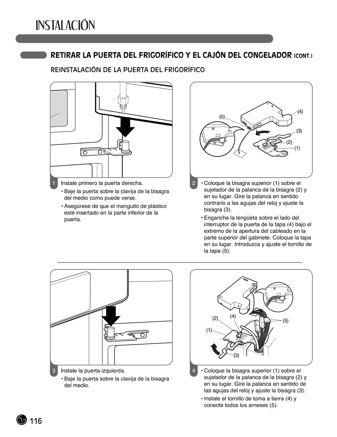 LG Electronics LFX21976ST owner manual 116, Reinstalación DE LA Puerta DEL Frigorífico 