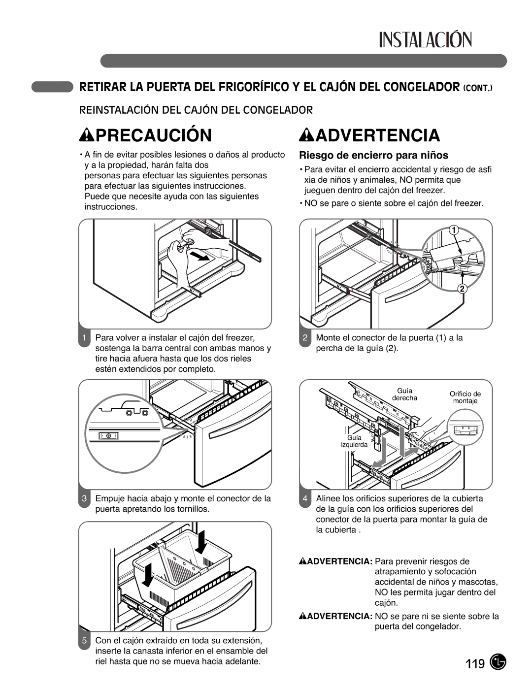 LG Electronics LFX21976ST owner manual Reinstalación DEL Cajón DEL Congelador, Riesgo de encierro para niños 