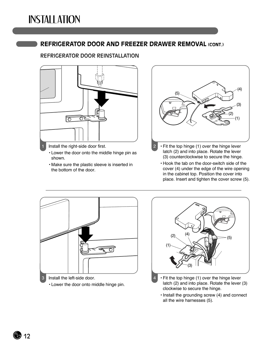 LG Electronics LFX21976ST owner manual Refrigerator Door Reinstallation 