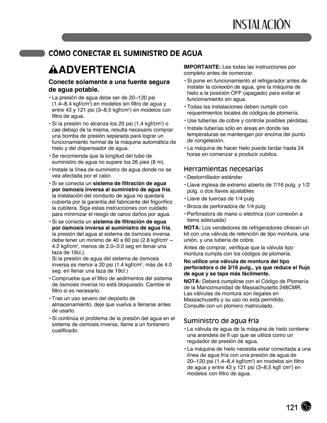 LG Electronics LFX21976ST Cómo Conectar EL Suministro DE Agua, Conecte solamente a una fuente segura de agua potable 