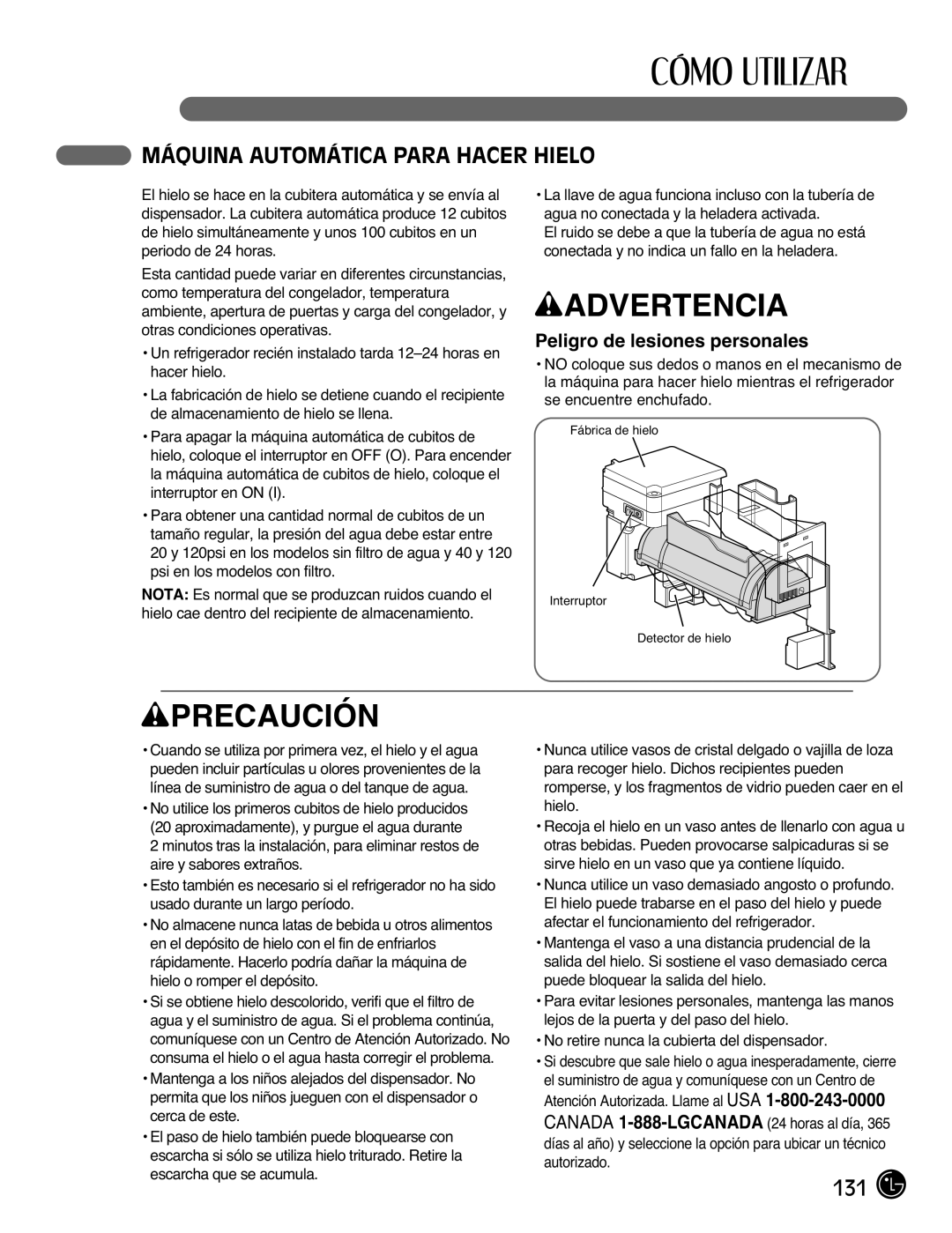 LG Electronics LFX21976ST owner manual Máquina Automática Para Hacer Hielo, Peligro de lesiones personales 