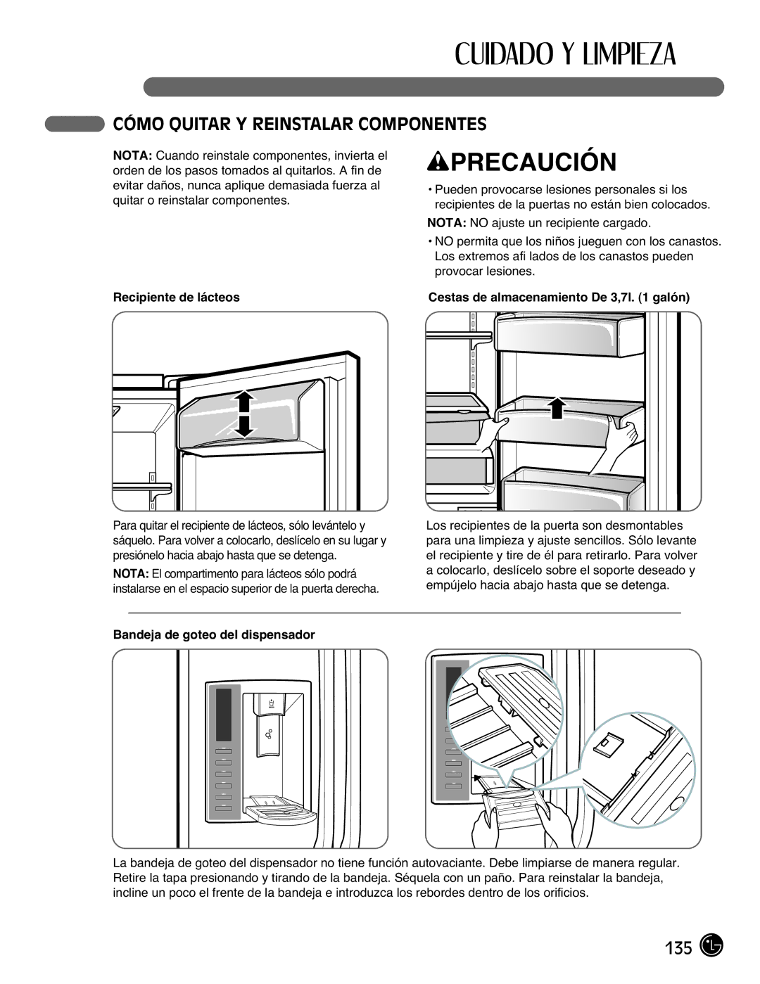 LG Electronics LFX21976ST Cómo Quitar Y Reinstalar Componentes, Recipiente de lácteos, Bandeja de goteo del dispensador 