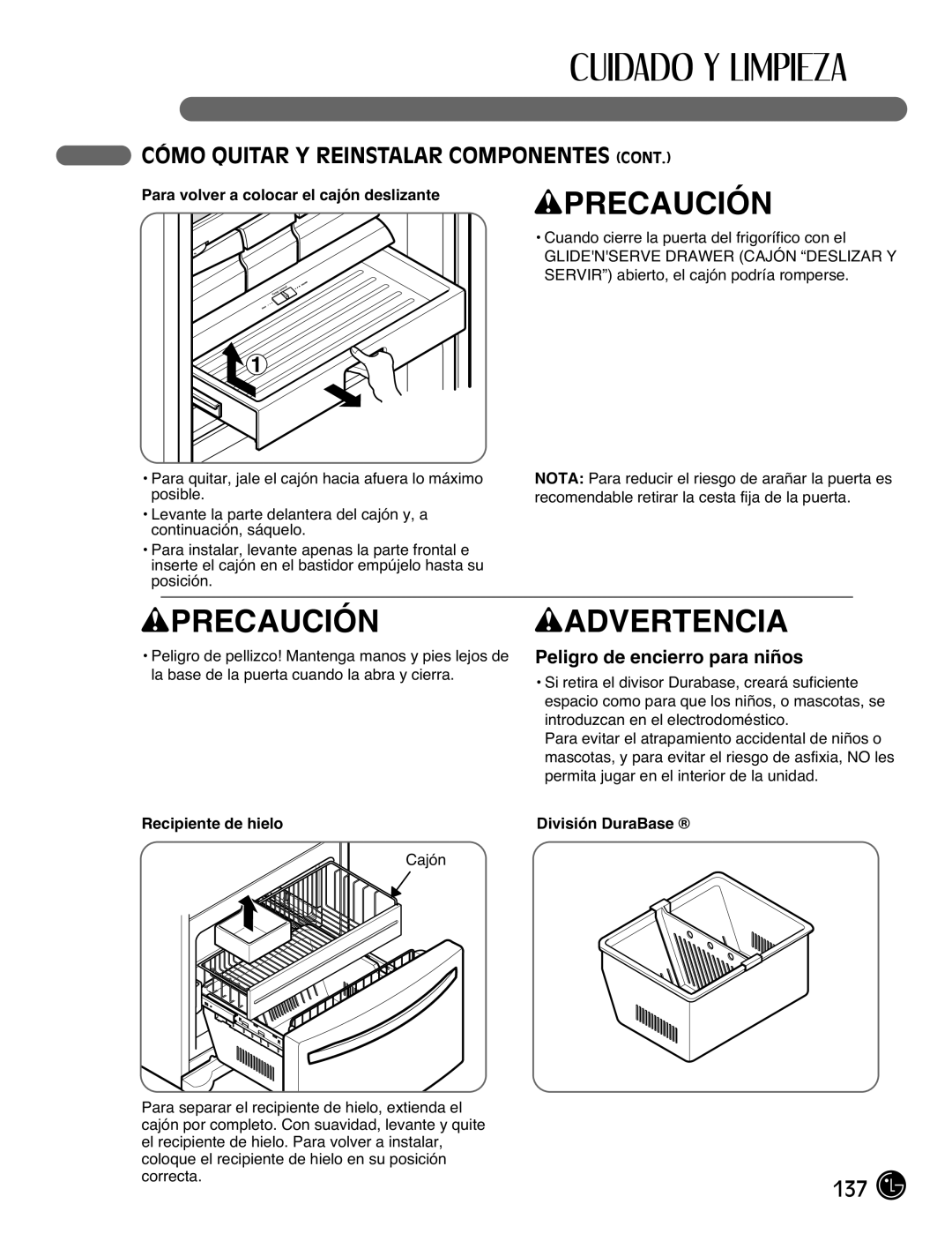 LG Electronics LFX21976ST owner manual Peligro de encierro para niños, Para volver a colocar el cajón deslizante 