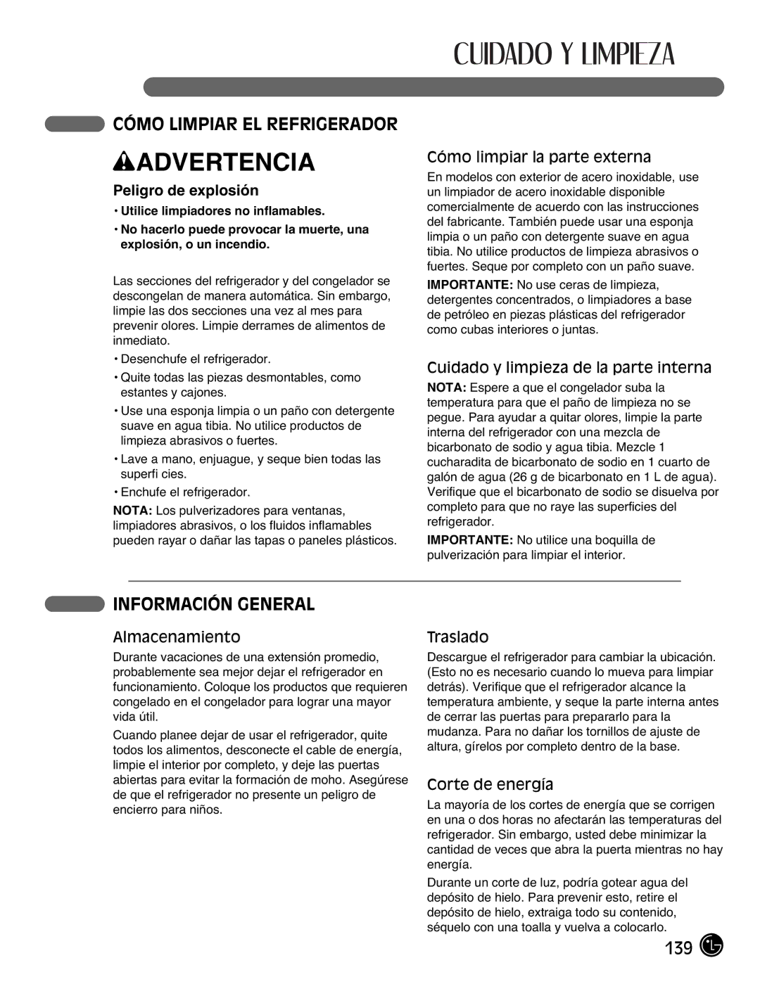 LG Electronics LFX21976ST owner manual Cómo Limpiar EL Refrigerador, Información General, Peligro de explosión 