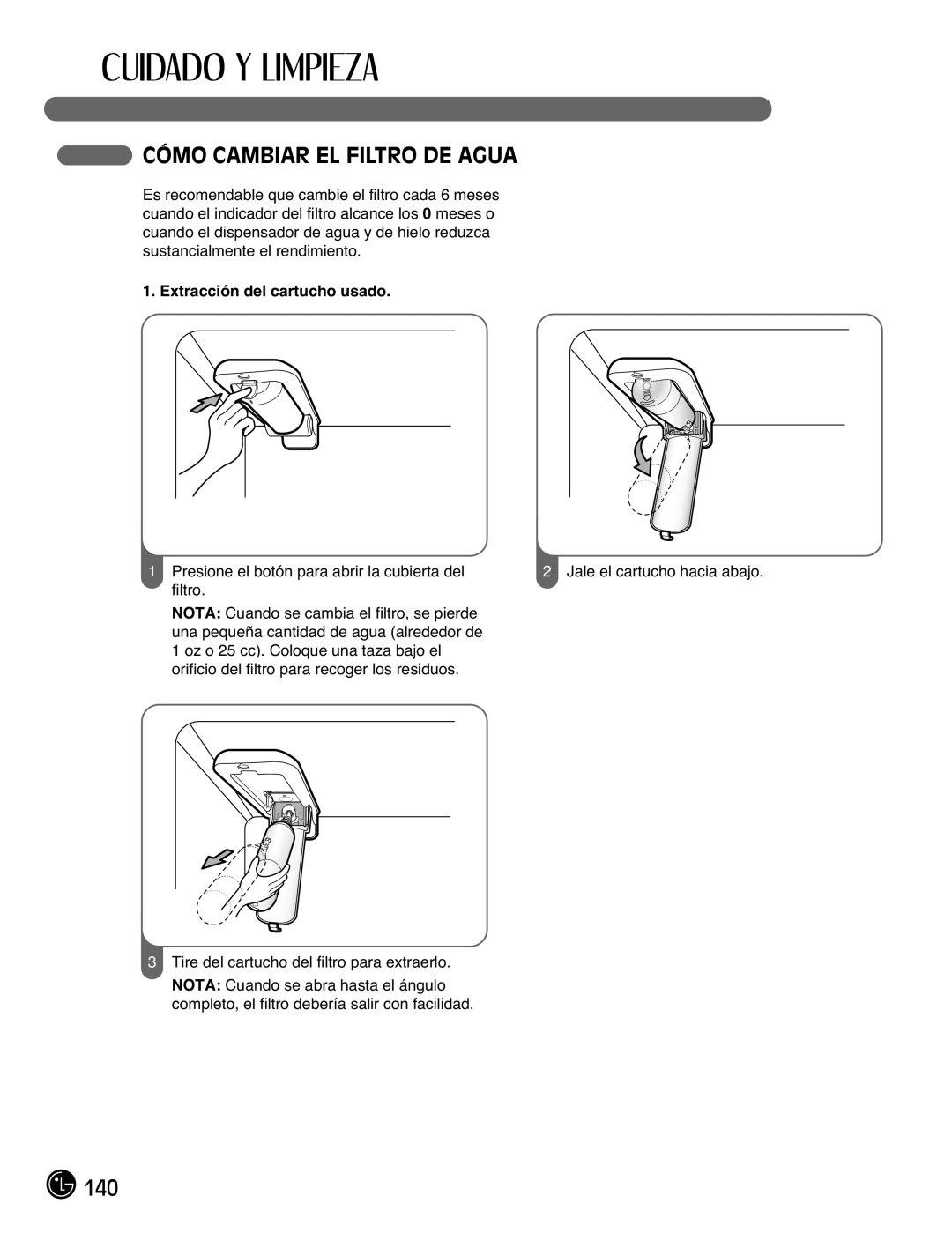 LG Electronics LFX21976ST owner manual Cómo Cambiar EL Filtro DE Agua, Extracción del cartucho usado 