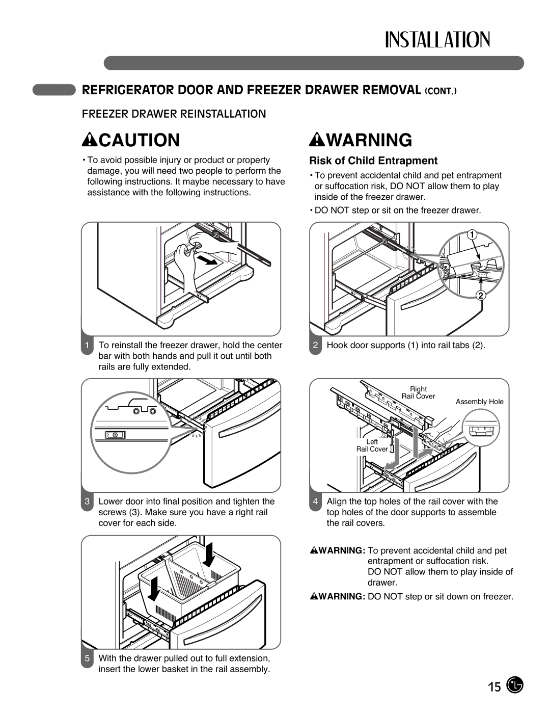 LG Electronics LFX21976ST owner manual Freezer Drawer Reinstallation, Risk of Child Entrapment 