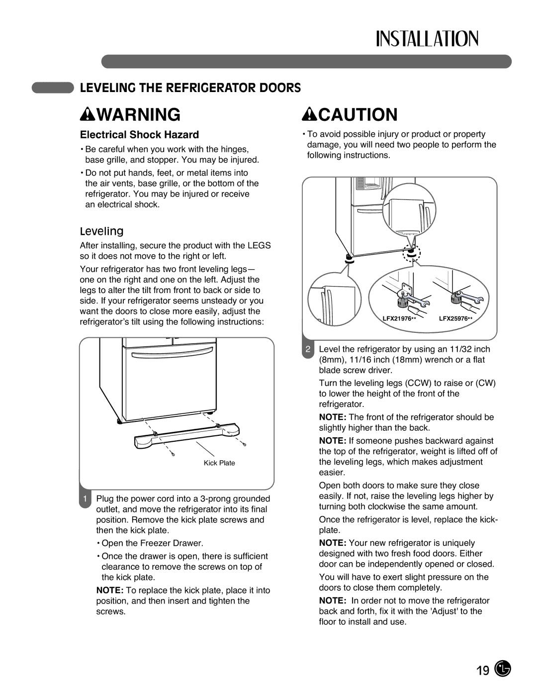 LG Electronics LFX21976ST owner manual Leveling the Refrigerator Doors 