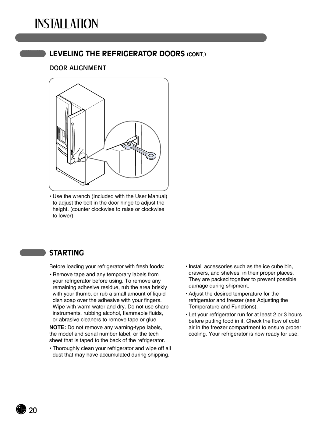 LG Electronics LFX21976ST owner manual Starting, Door Alignment 