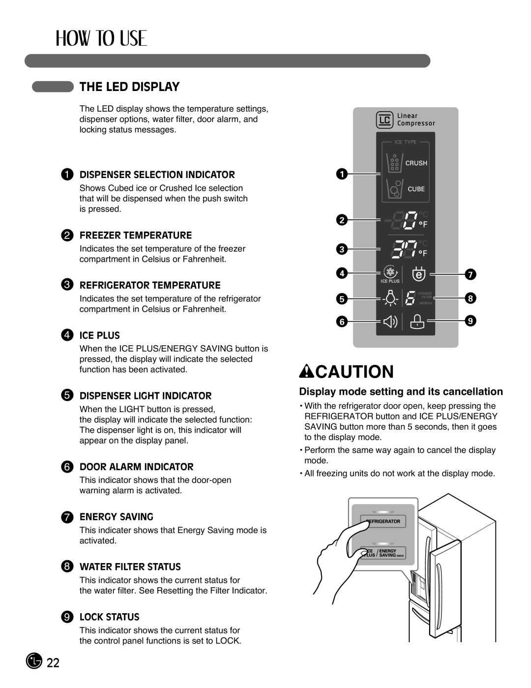 LG Electronics LFX21976ST owner manual LED Display, Display mode setting and its cancellation 