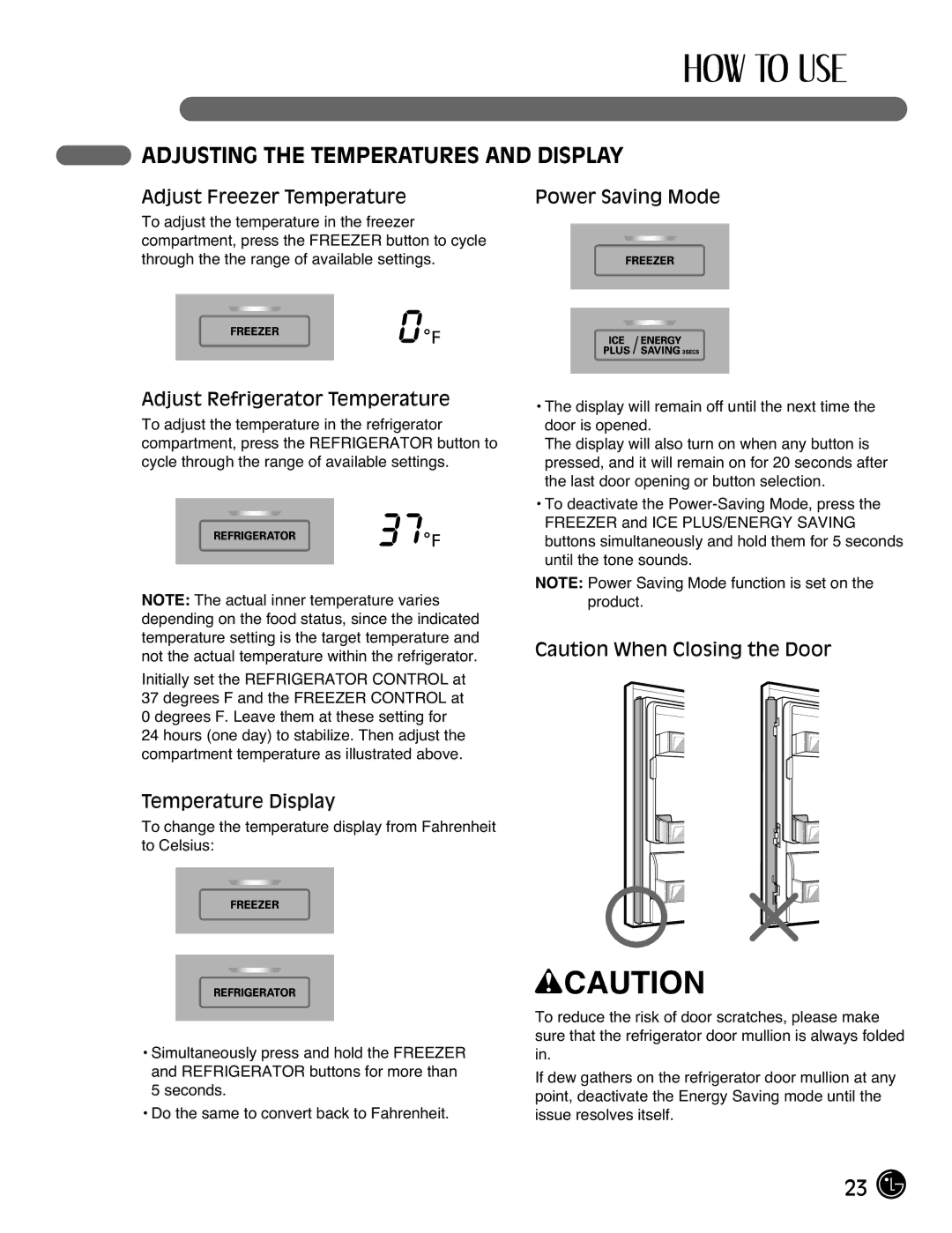 LG Electronics LFX21976ST owner manual Adjusting the Temperatures and Display, Adjust Freezer Temperature Power Saving Mode 