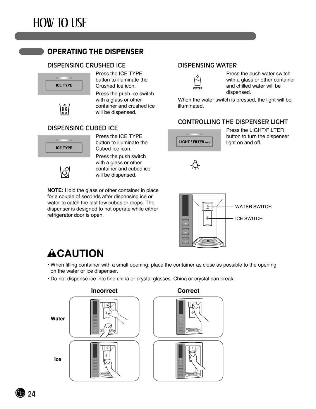 LG Electronics LFX21976ST owner manual Operating the Dispenser, IncorrectCorrect 