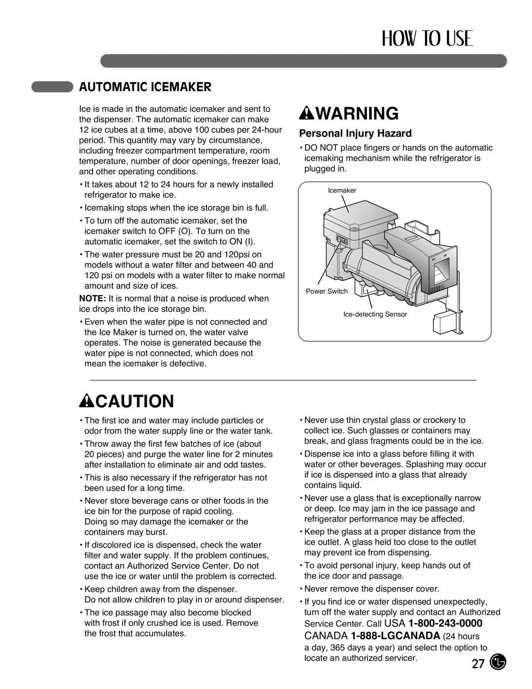 LG Electronics LFX21976ST owner manual Automatic Icemaker, Personal Injury Hazard, Canada 1-888-LGCANADA 24 hours 