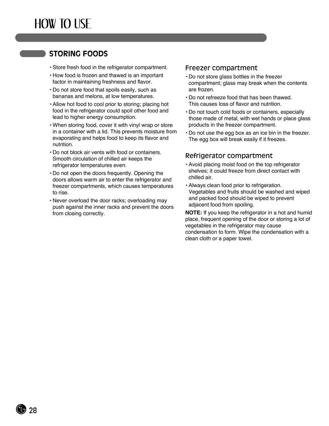 LG Electronics LFX21976ST owner manual Storing Foods, Freezer compartment, Refrigerator compartment 