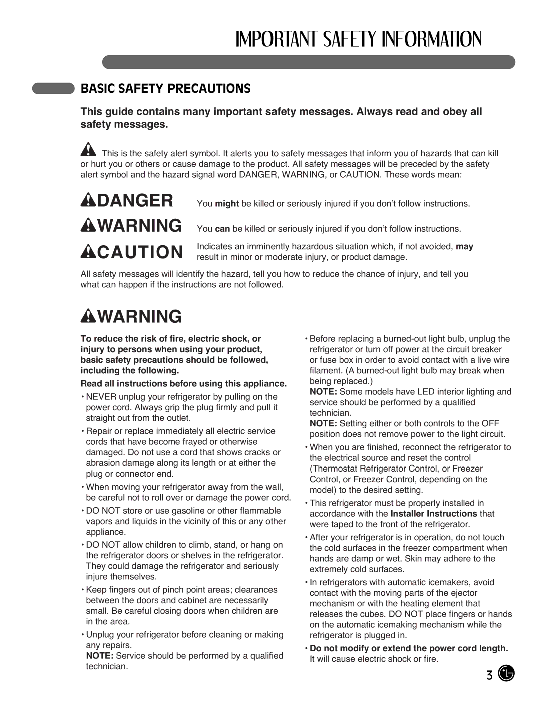 LG Electronics LFX21976ST owner manual WDANGER wWARNING WCAUTION, Basic Safety Precautions 