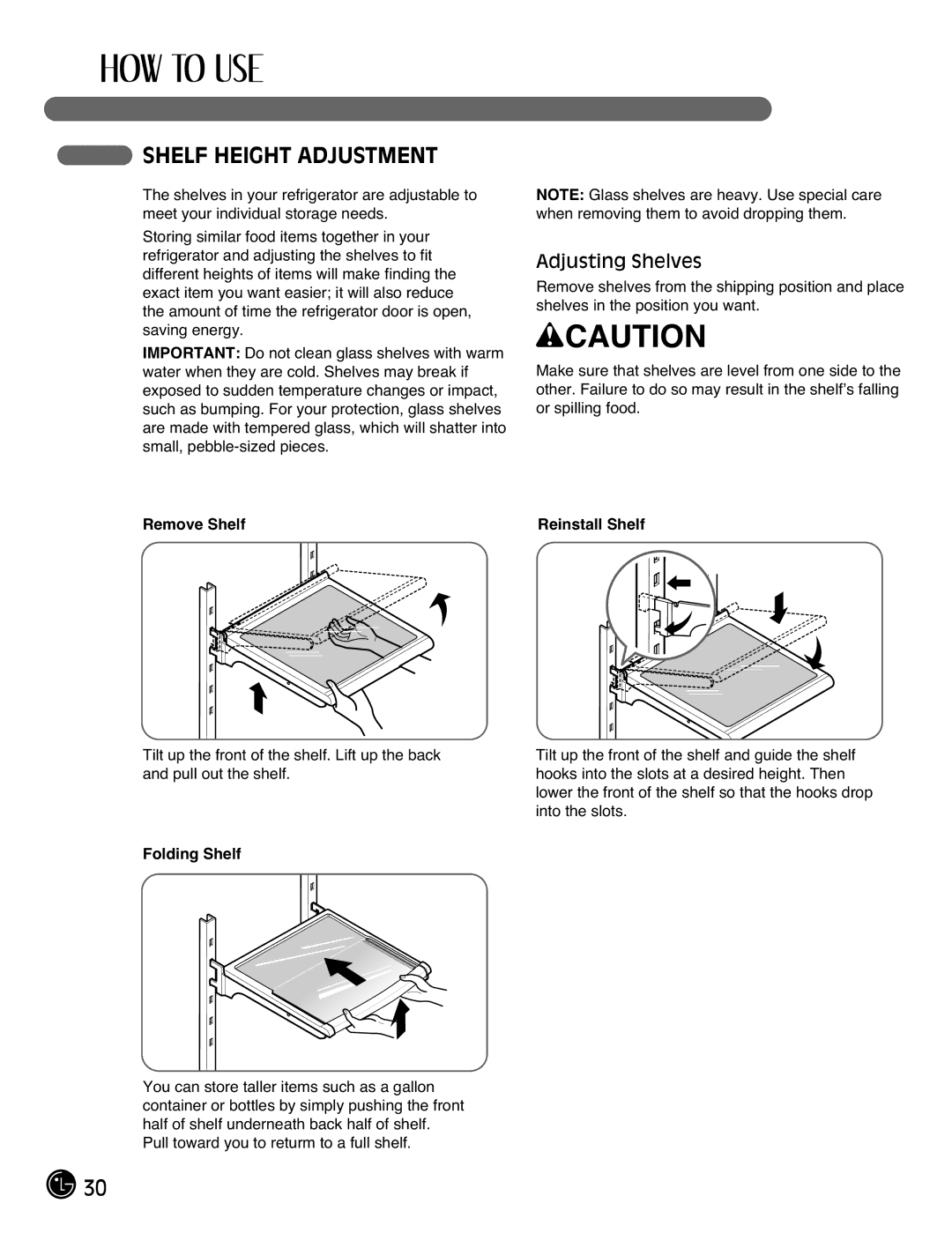 LG Electronics LFX21976ST Shelf Height Adjustment, Adjusting Shelves, Remove Shelf, Folding Shelf, Reinstall Shelf 