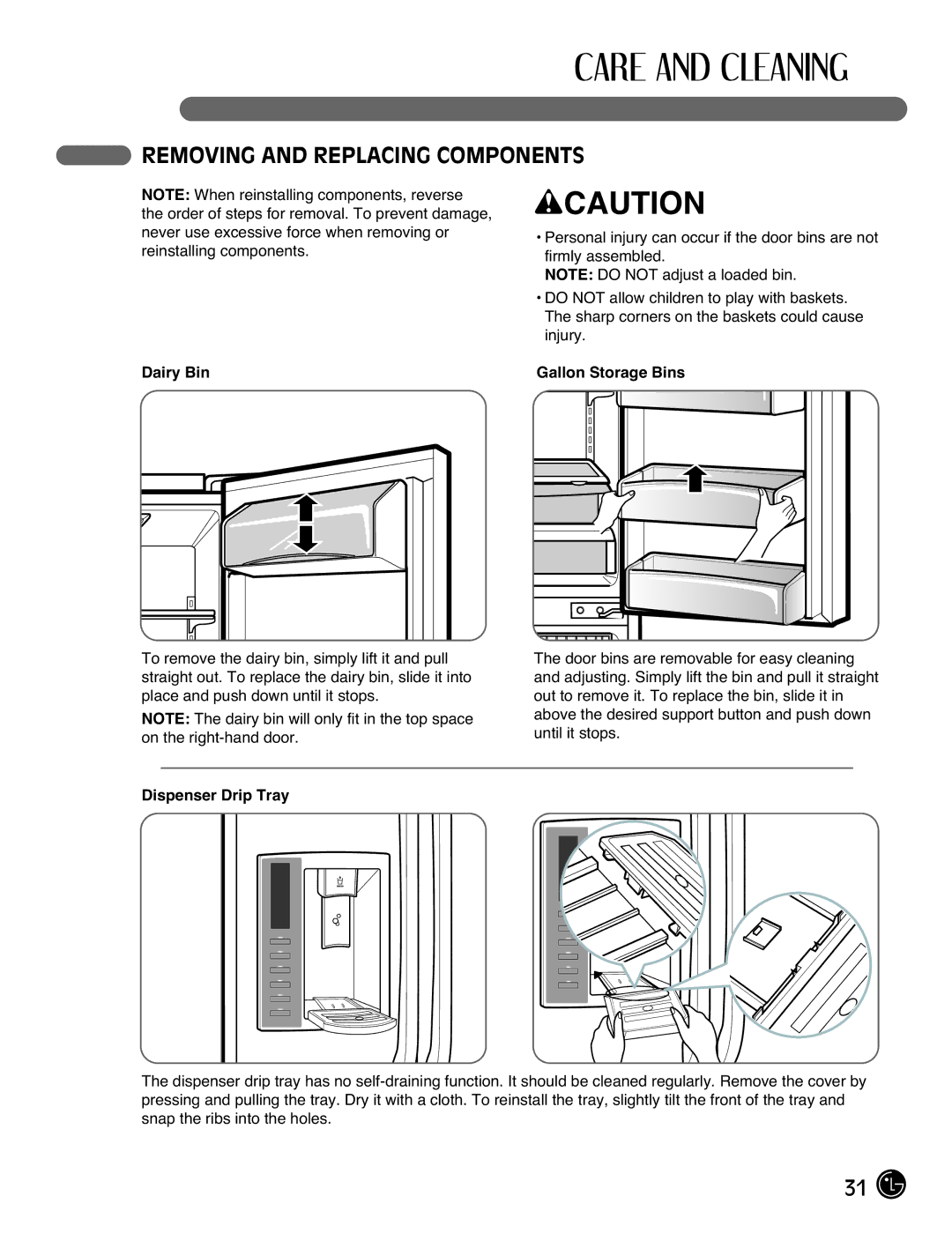 LG Electronics LFX21976ST Removing and Replacing Components, Dairy Bin Gallon Storage Bins, Dispenser Drip Tray 