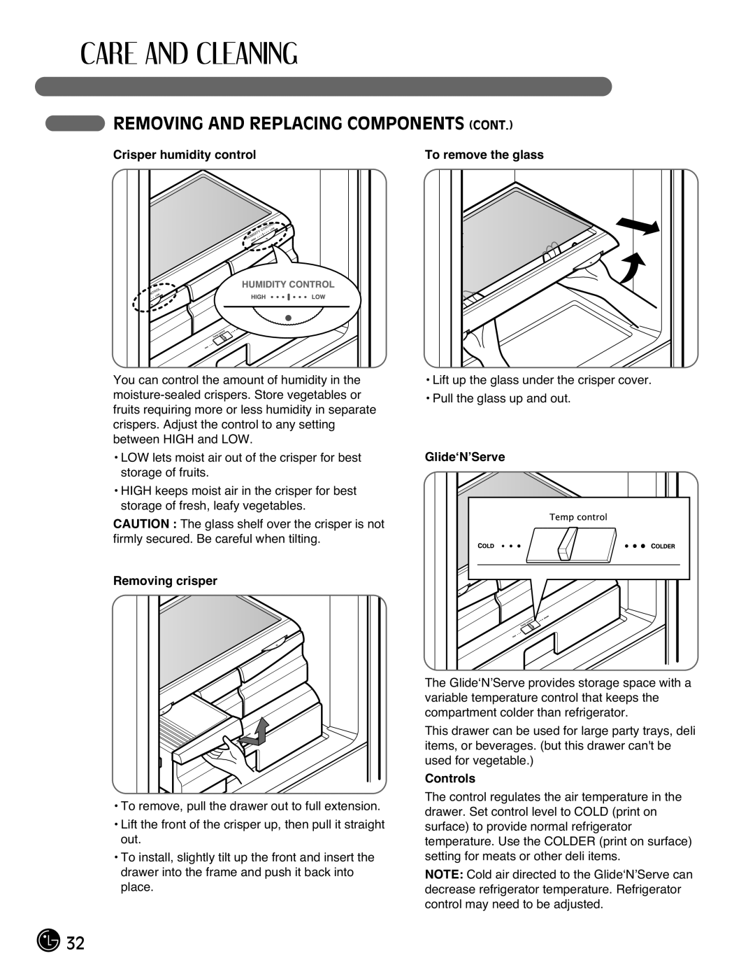 LG Electronics LFX21976ST owner manual Crisper humidity control To remove the glass, Removing crisper, Controls 