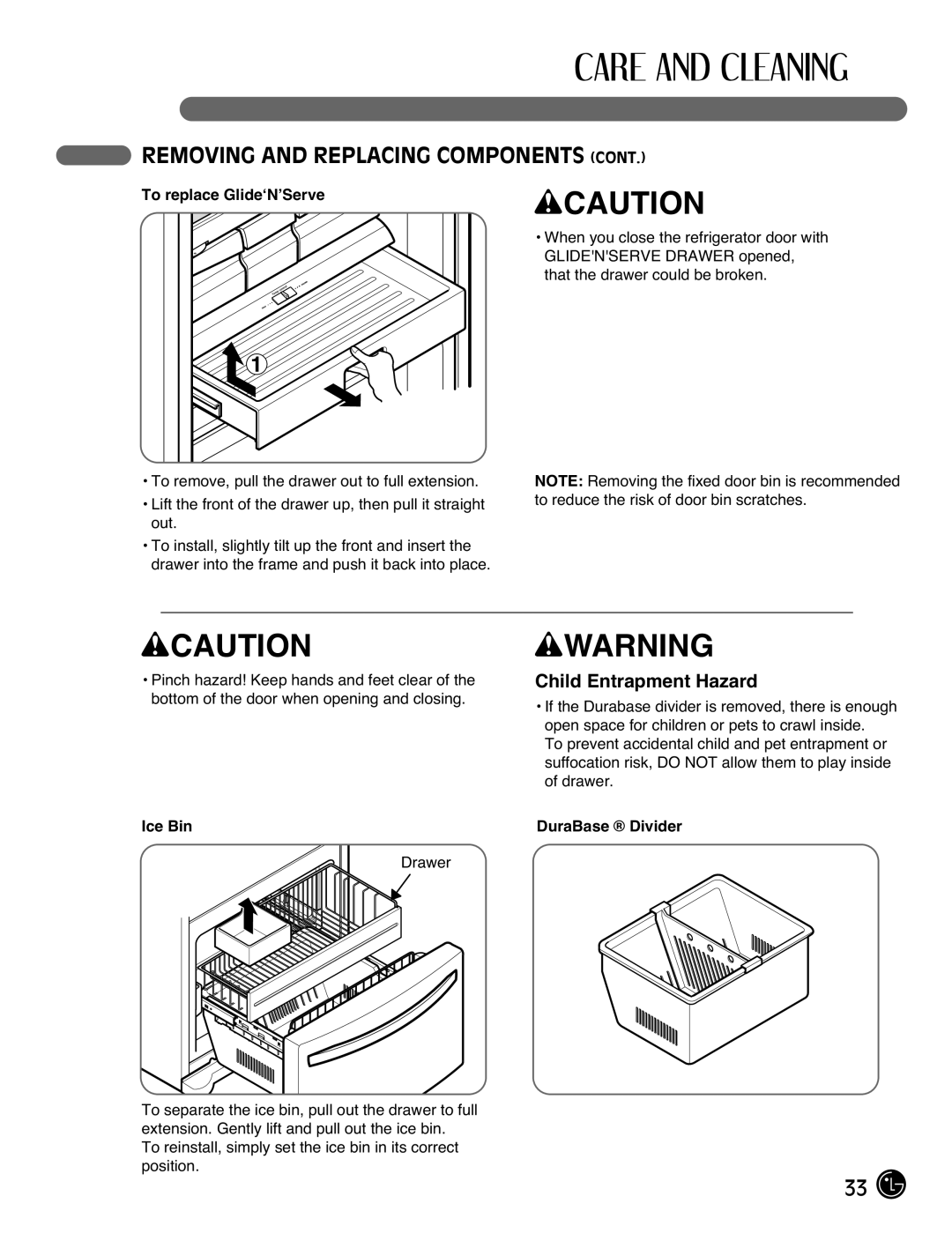 LG Electronics LFX21976ST owner manual Child Entrapment Hazard, To replace Glide‘N’Serve, Ice Bin, DuraBase Divider 