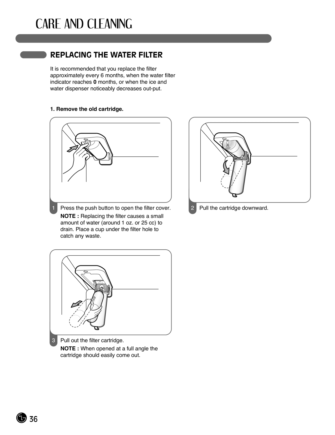 LG Electronics LFX21976ST owner manual Replacing the Water Filter, Remove the old cartridge 