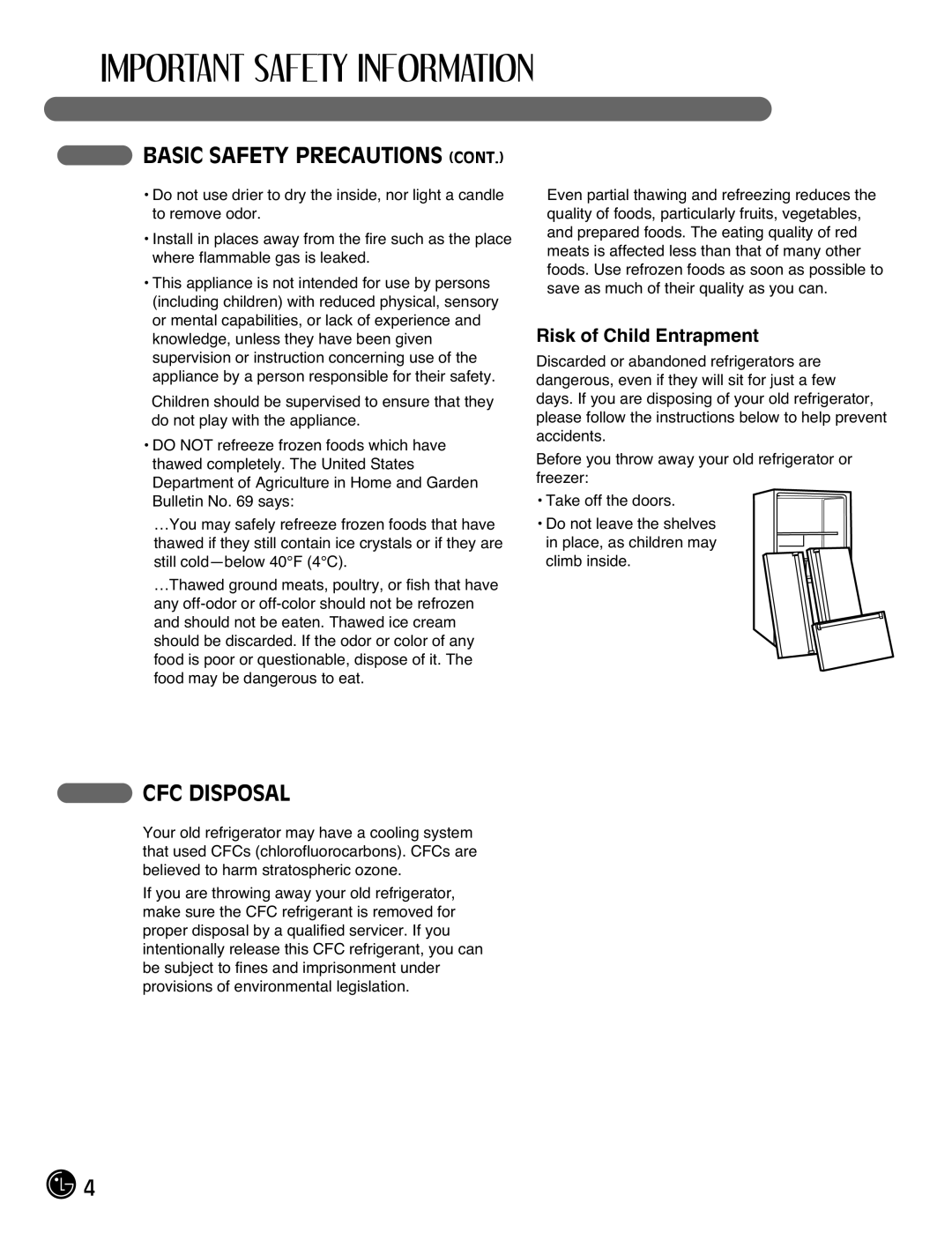 LG Electronics LFX21976ST owner manual CFC Disposal, Risk of Child Entrapment 