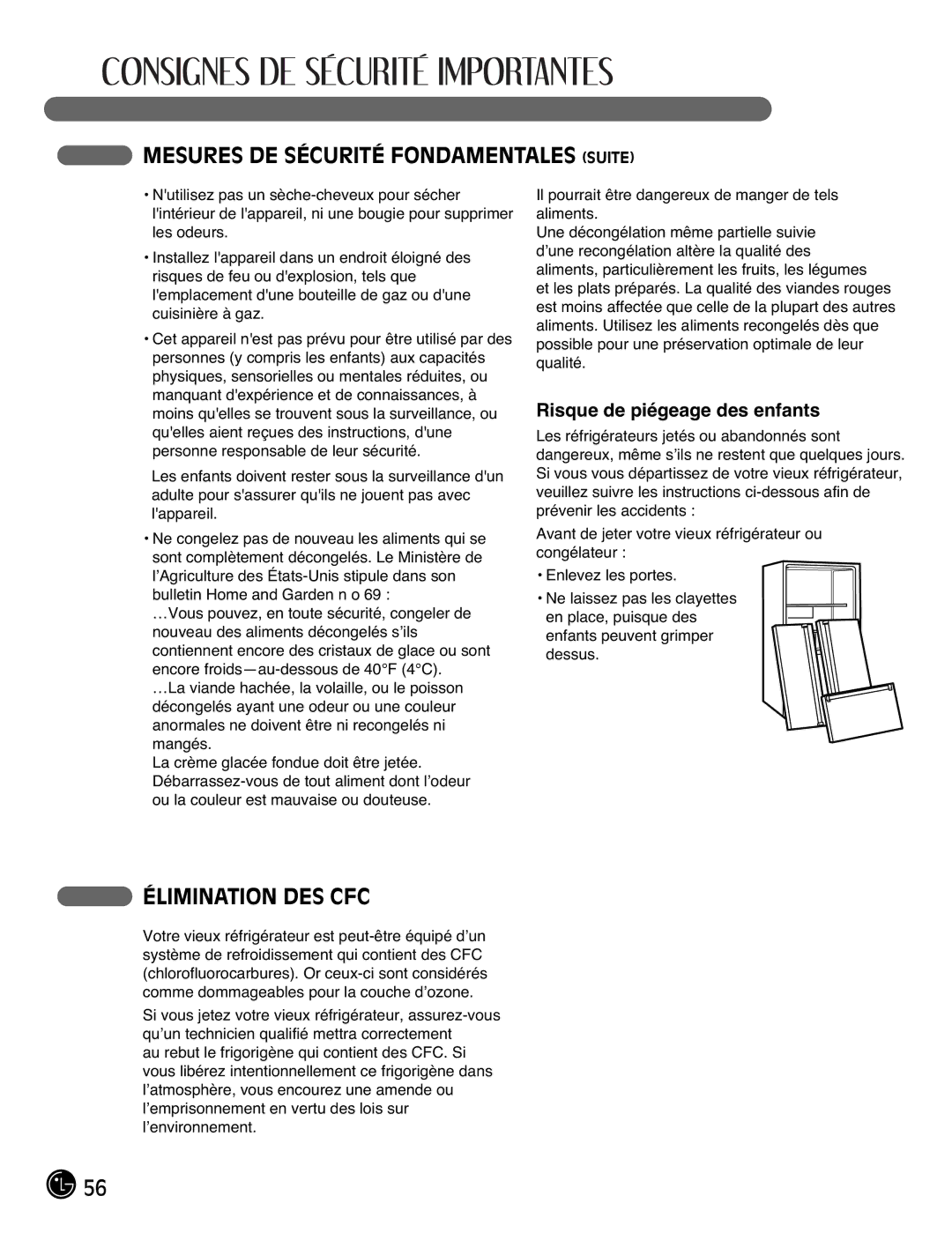 LG Electronics LFX21976ST Mesures DE Sécurité Fondamentales Suite, Élimination DES CFC, Risque de piégeage des enfants 