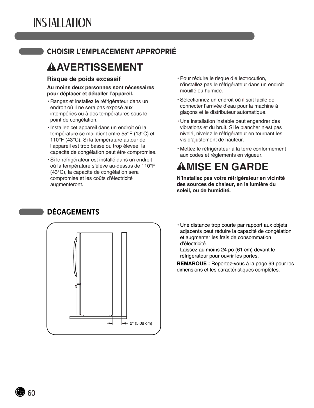 LG Electronics LFX21976ST owner manual Choisir L’EMPLACEMENT Approprié, Dégagements, Risque de poids excessif 