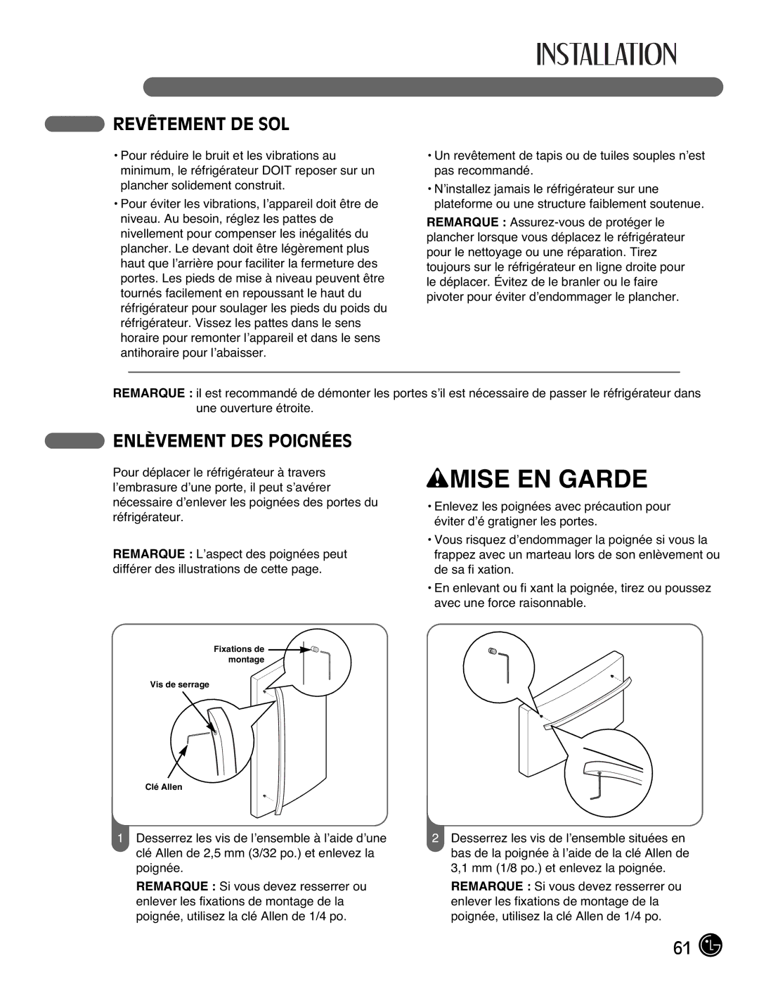 LG Electronics LFX21976ST owner manual Revêtement DE SOL, Enlèvement DES Poignées 