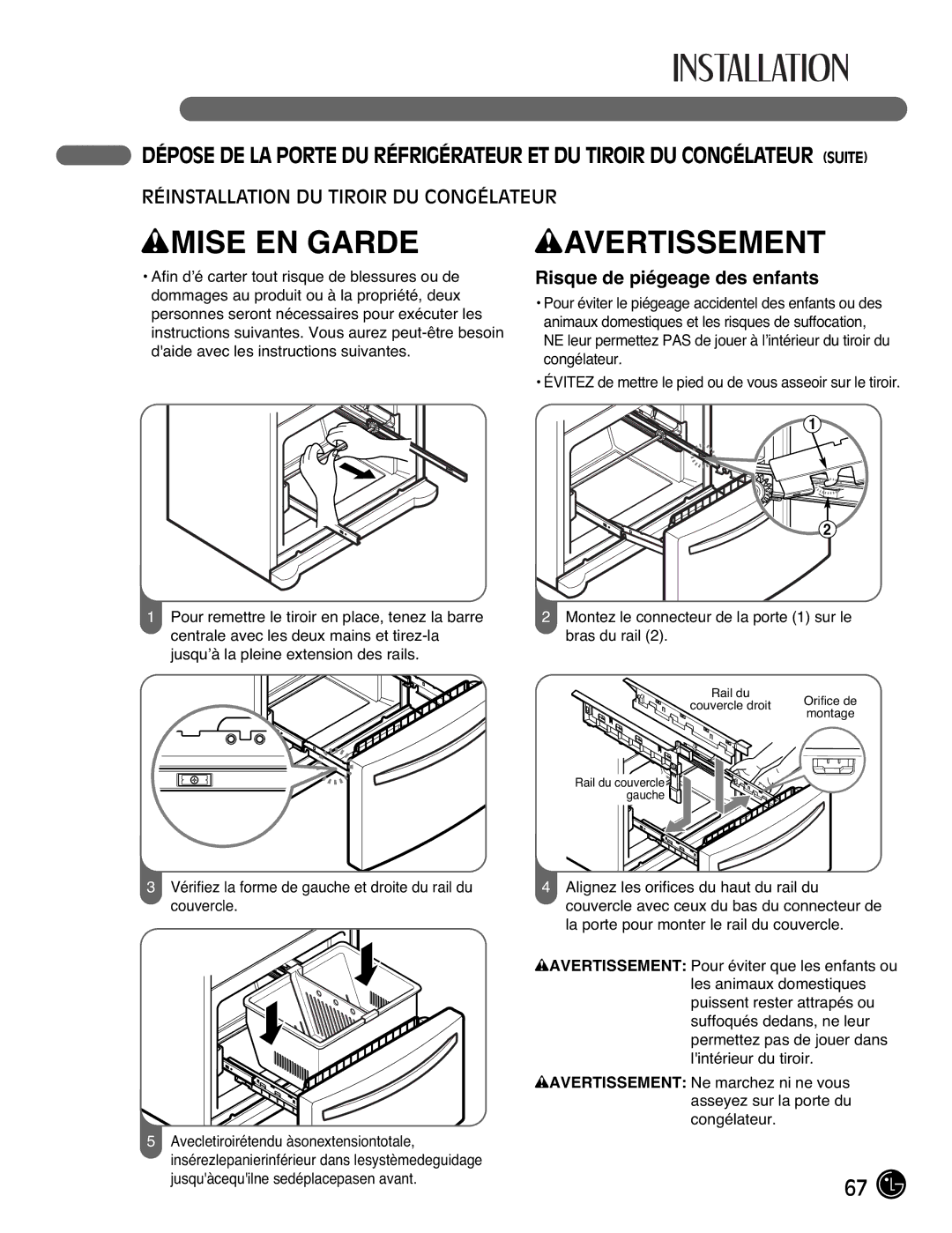 LG Electronics LFX21976ST owner manual Réinstallation DU Tiroir DU Congélateur 