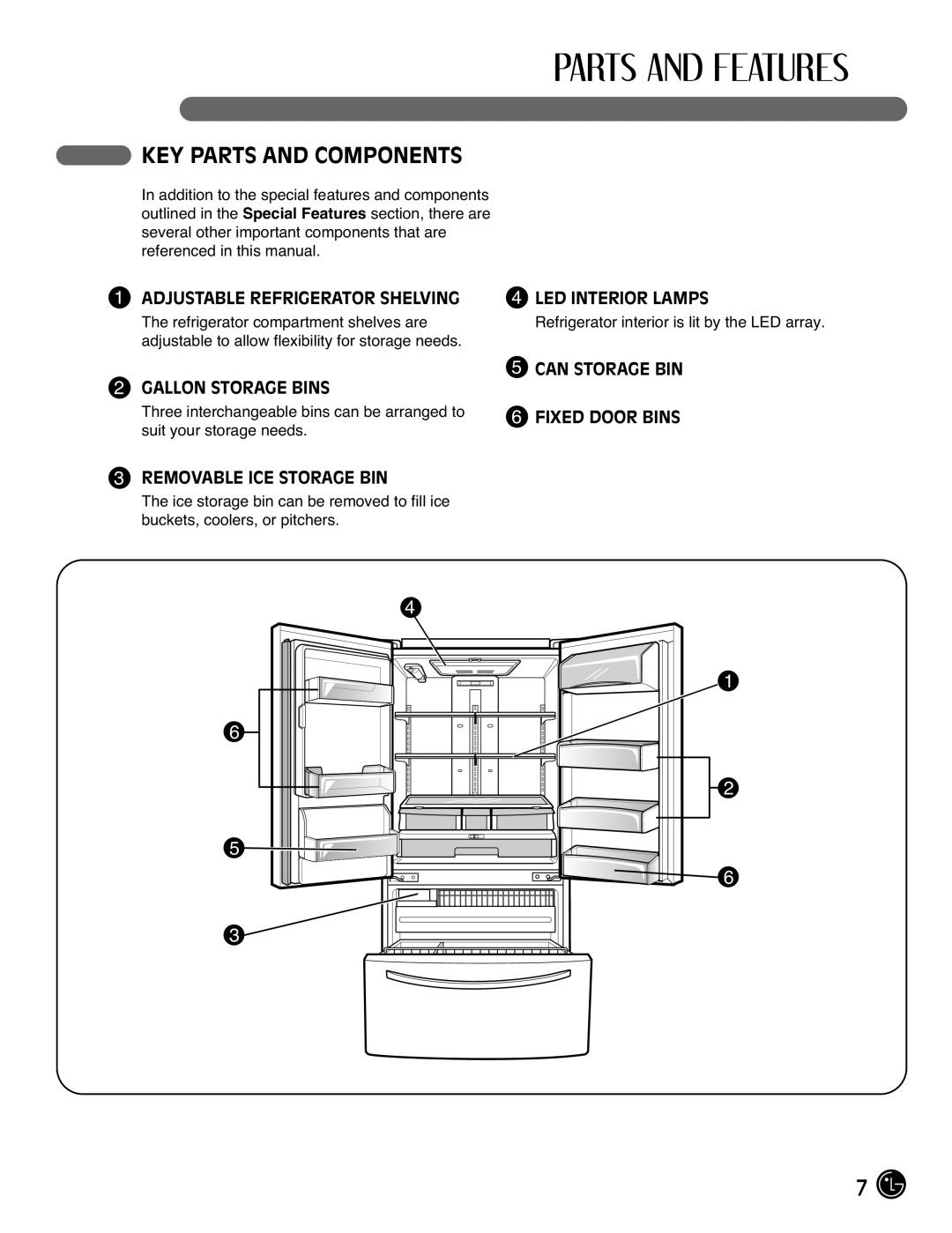 LG Electronics LFX21976ST owner manual KEY Parts and Components, Adjustable Refrigerator Shelving, Gallon Storage Bins 