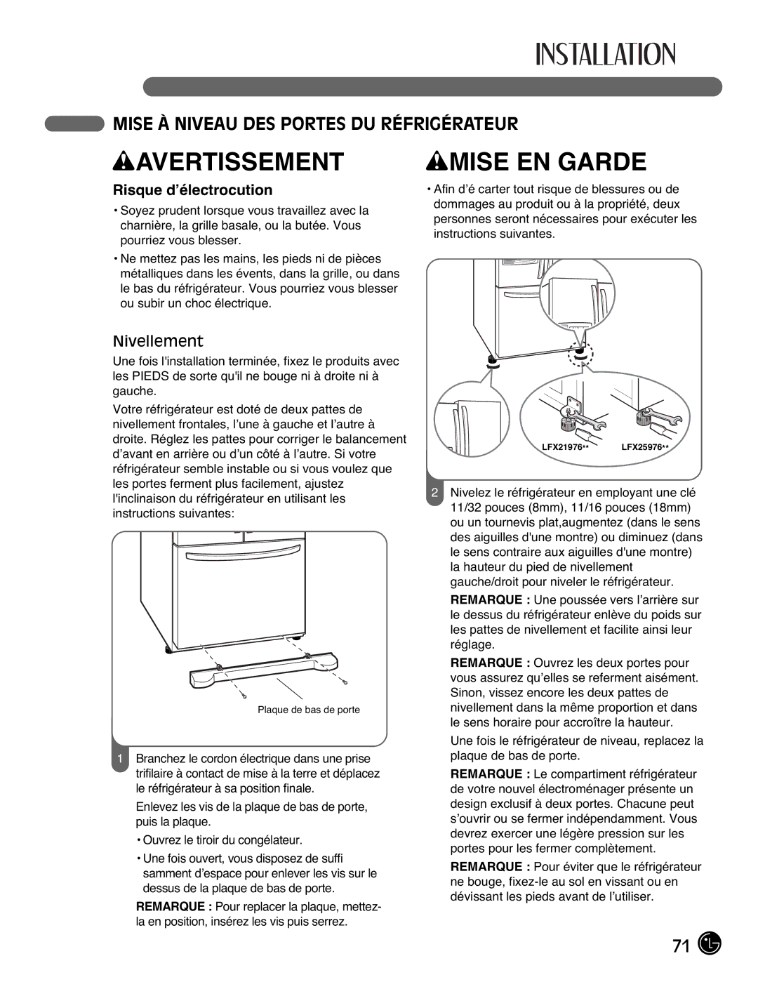 LG Electronics LFX21976ST owner manual Mise À Niveau DES Portes DU Réfrigérateur, Nivellement 