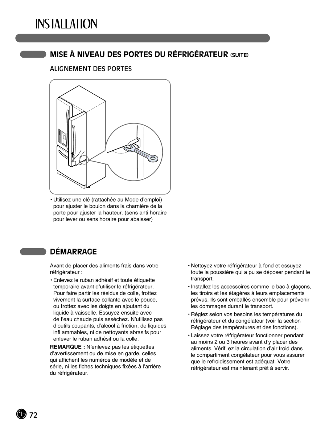 LG Electronics LFX21976ST owner manual Mise À Niveau DES Portes DU Réfrigérateur Suite, Démarrage, Alignement DES Portes 