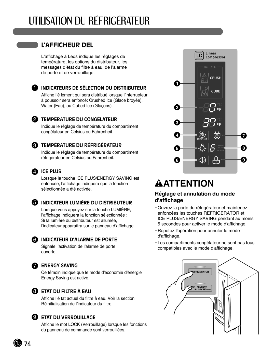 LG Electronics LFX21976ST owner manual ’Afficheur Del, Réglage et annulation du mode daffichage 