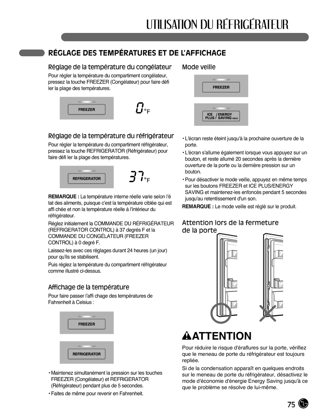 LG Electronics LFX21976ST Réglage DES Températures ET DE L’AFFICHAGE, Réglage de la température du congélateur Mode veille 