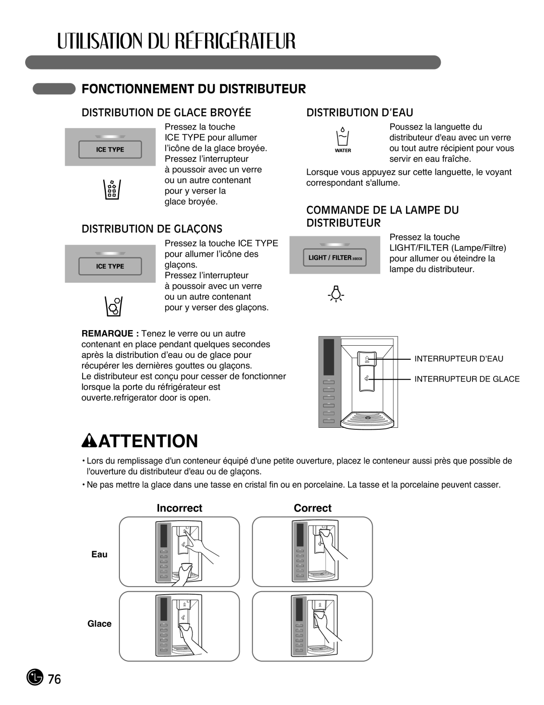 LG Electronics LFX21976ST Fonctionnement DU Distributeur, Distribution DE Glace Broyée, Distribution DE Glaçons 