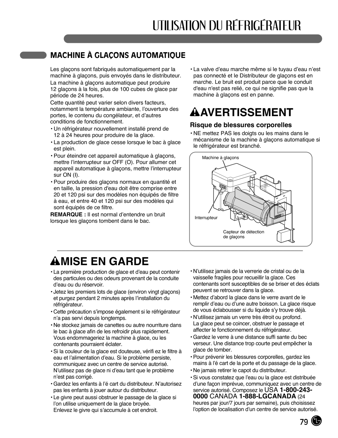 LG Electronics LFX21976ST owner manual Machine À Glaçons Automatique, Risque de blessures corporelles 